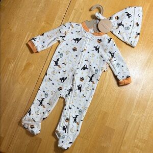 Chick Pea Halloween Baby Footie and Hat Set - White and Orange
